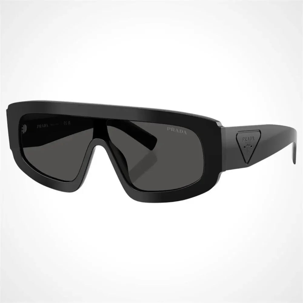 New PRADA Sunglasses Black Shield Mask Triangle Logo Grey Lens